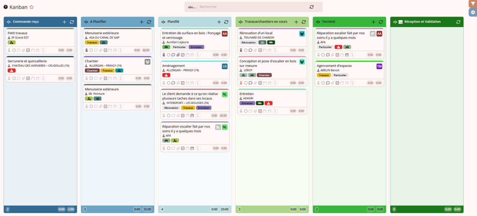 vue kanban logiciel suivi de chantiers menuiserie